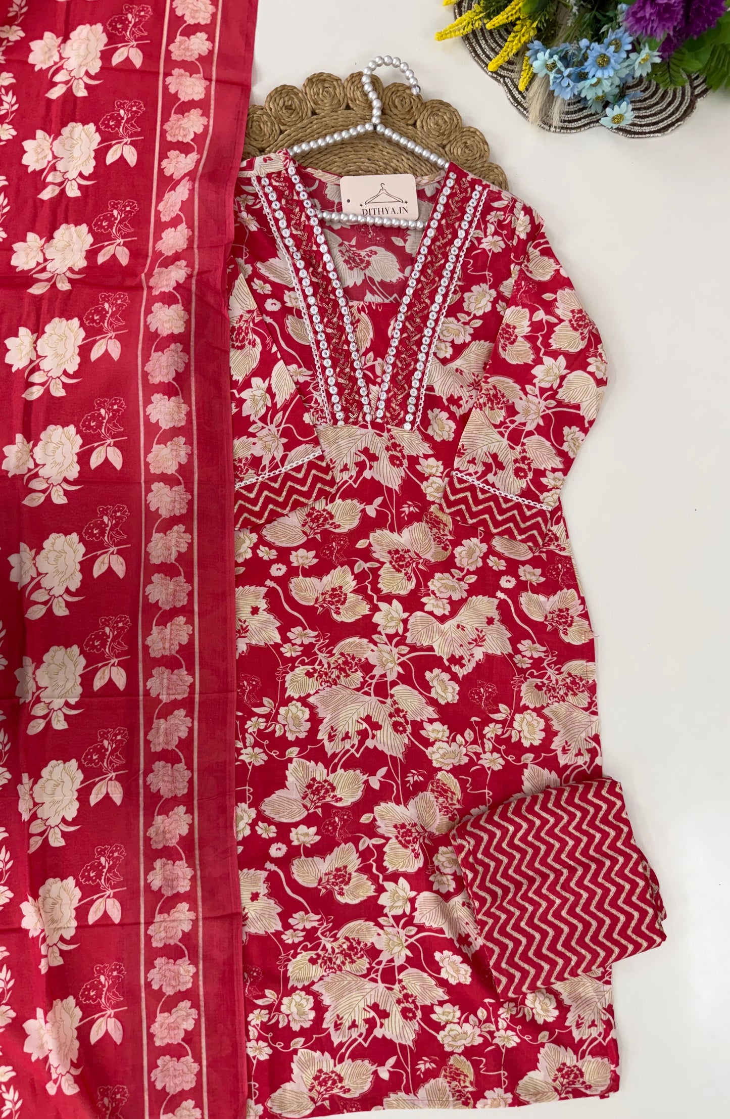 K444 - Cotton embroidered straight Kurti with pants and dupatta
