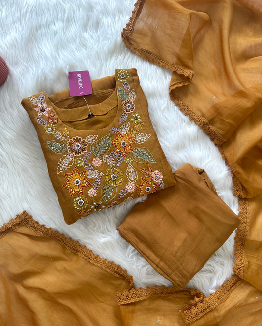 K029 - Mul Chanderi handwork Aline Kurti with pants and dupatta