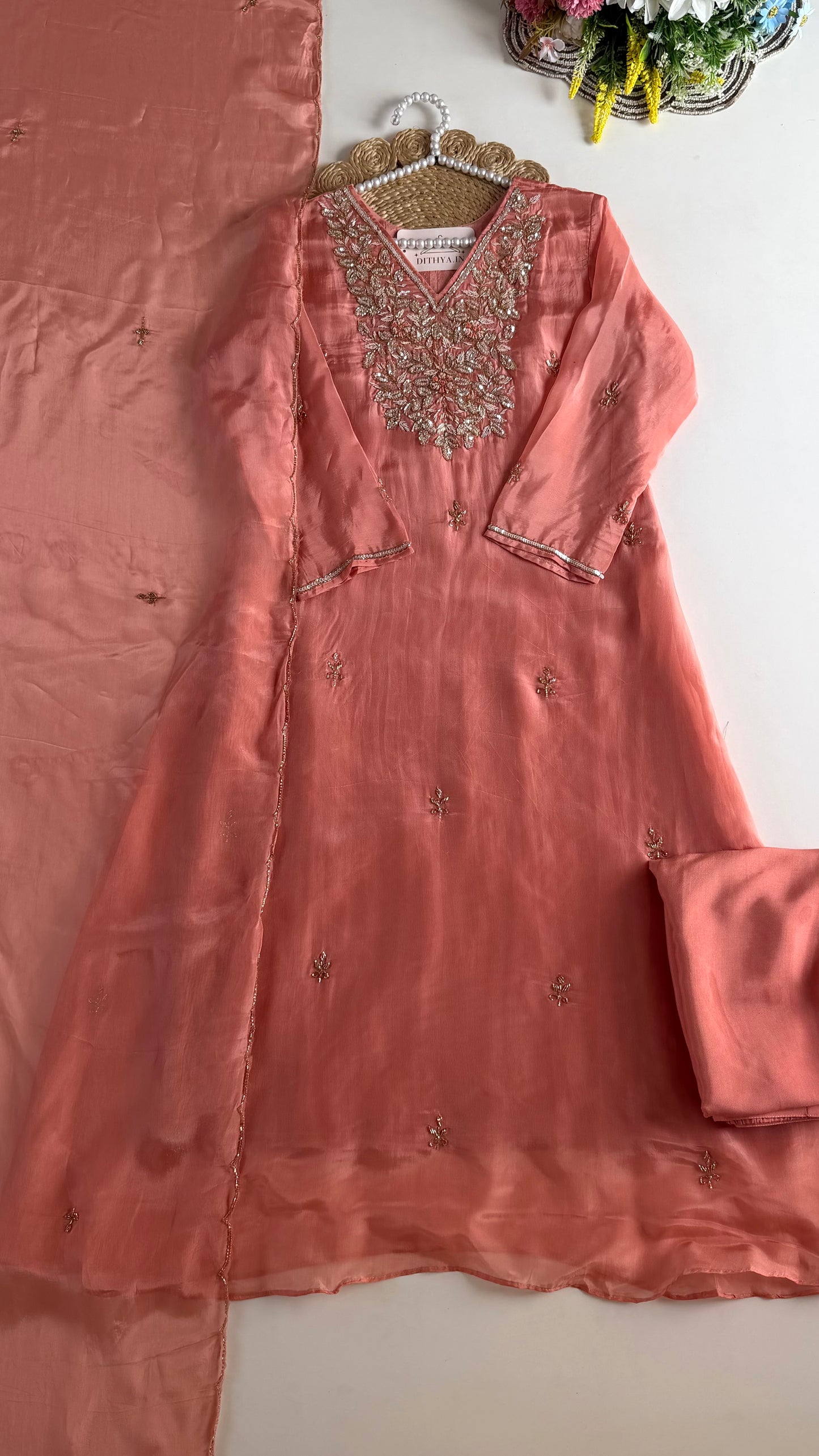 K204 - HO silk Aline handwork Kurti with pants and dupatta