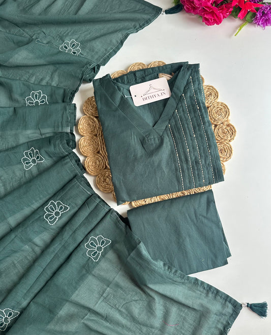 K715 - Mul cotton embroidered Aline Kurti with pants and dupatta
