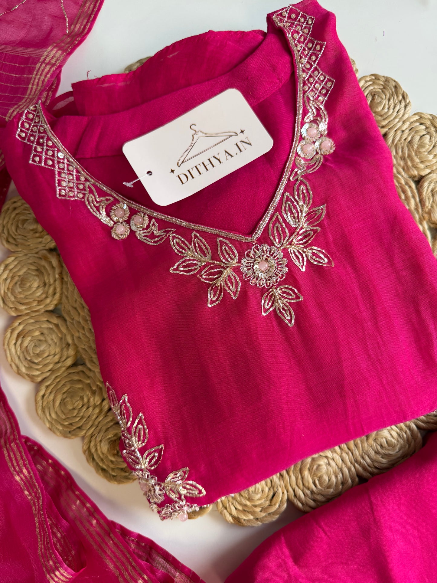 K508 - Mul chanderi handwork Aline Kurti with pants and dupatta