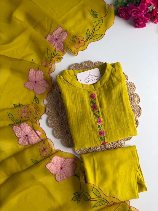 K006 - Mul chanderi appliqué embroidered Aline Kurti with pants and dupatta