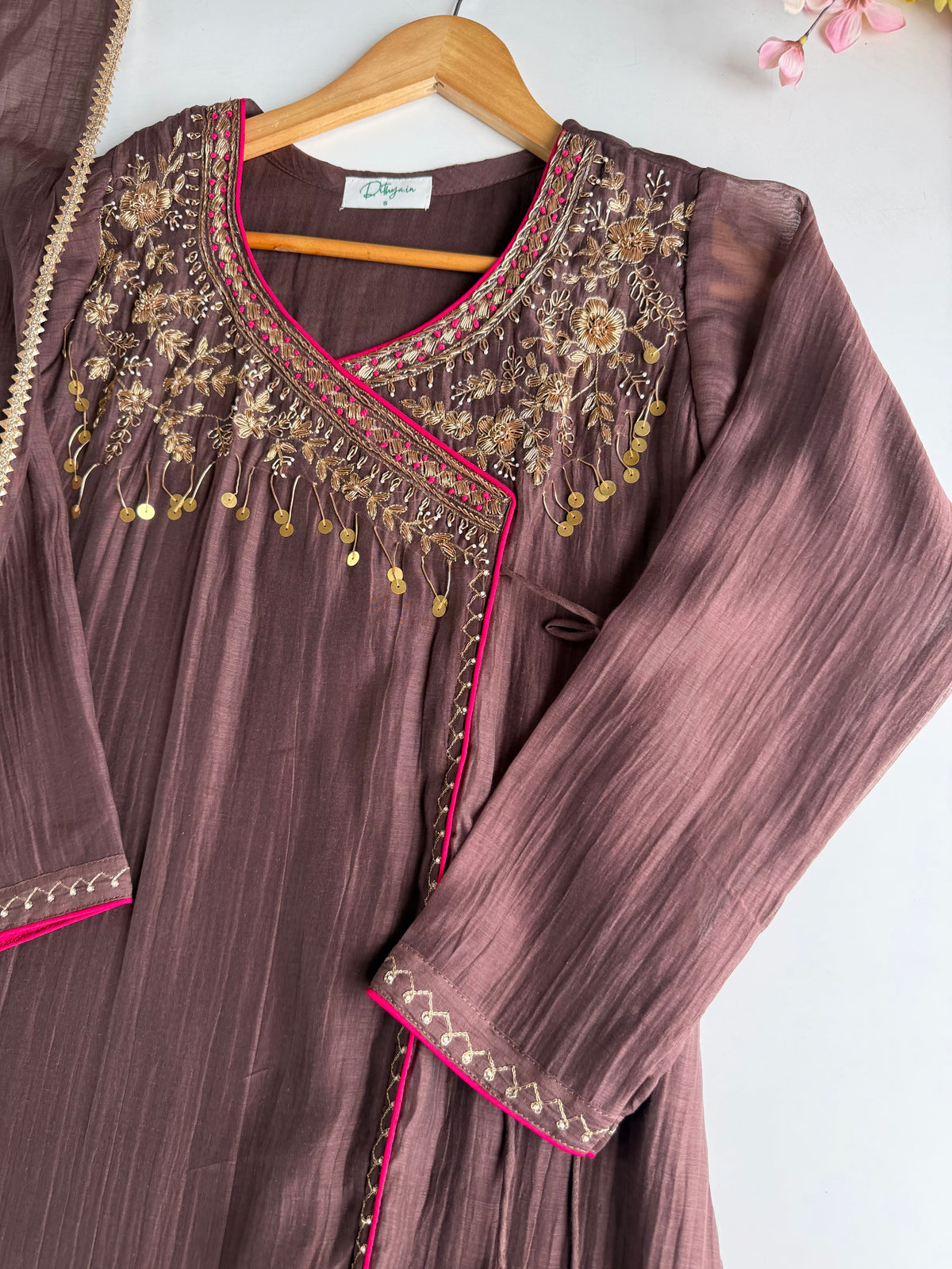 K156 - Pure Banarasi Mul chanderi handwork angrakha Aline Kurti with pants and dupatta