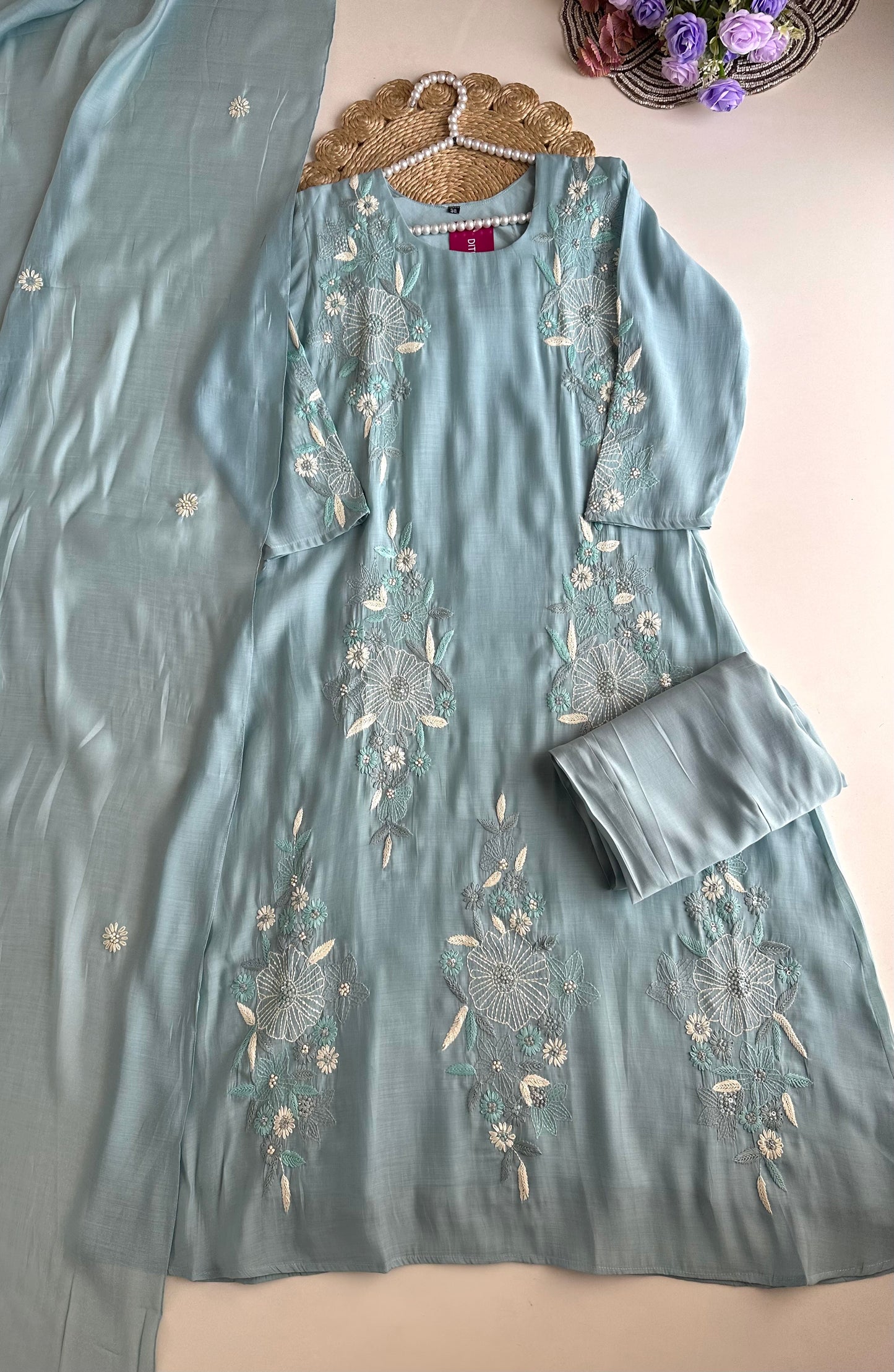 K319 - Mul Chanderi embroidered Aline Kurti with pants and dupatta