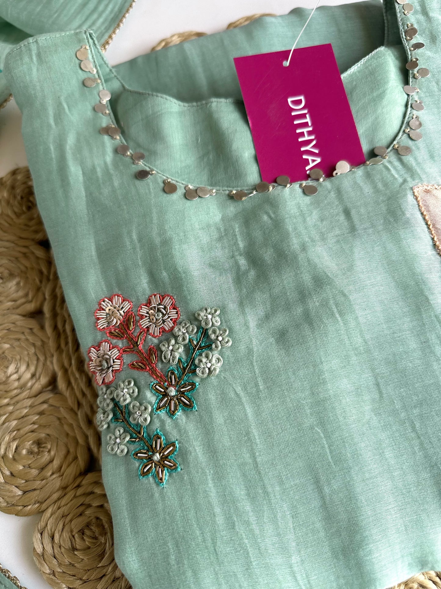 K121 - Mul Chanderi handwork Aline Kurti with pants and dupatta