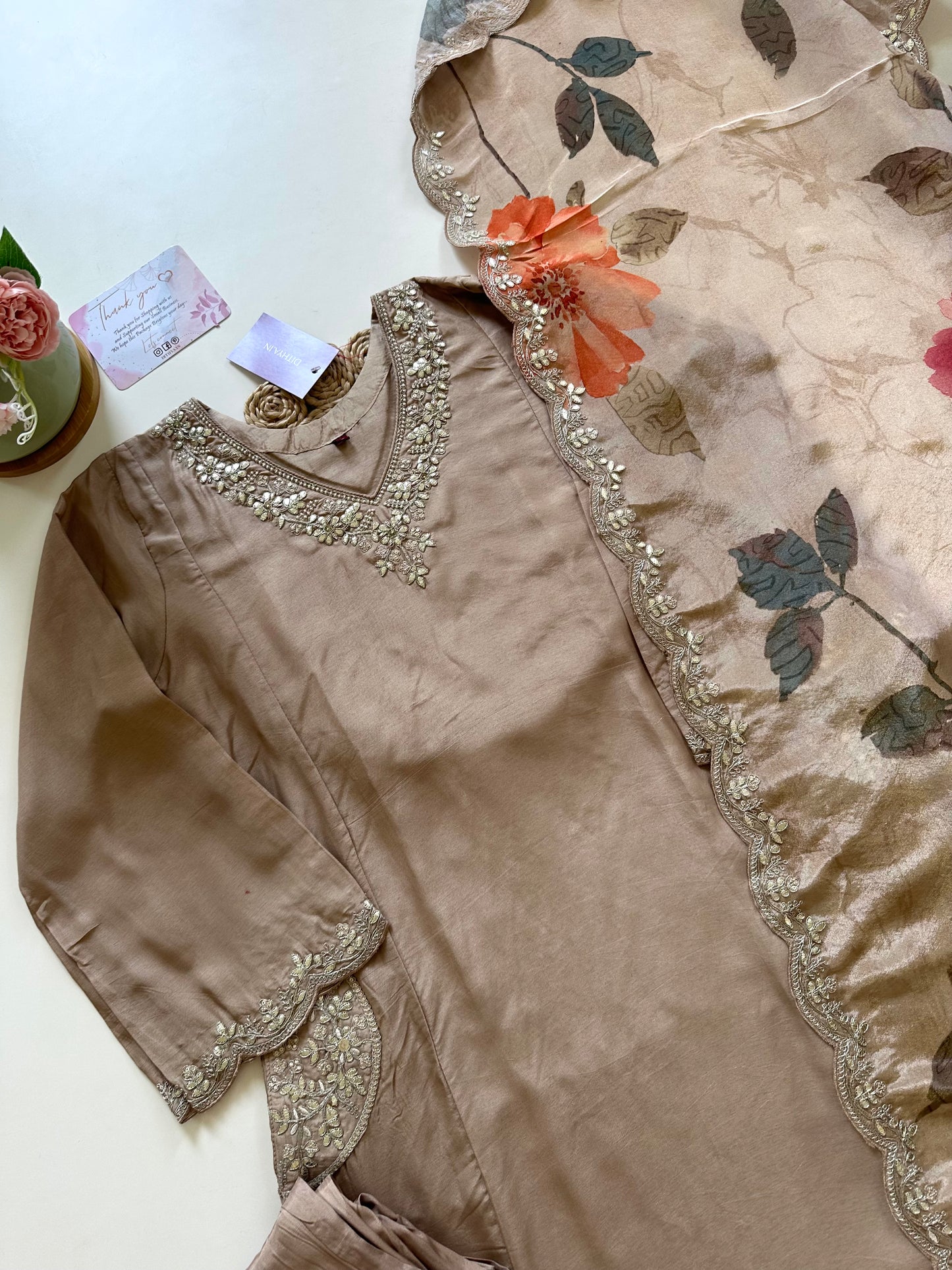 K221 - Russian silk Aline Kurti with pants and floral tissue silk dupatta .