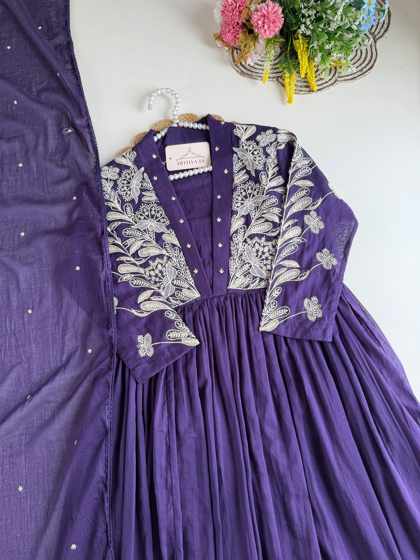 K650 - Mul cotton embroidered Anarkali with pants and dupatta