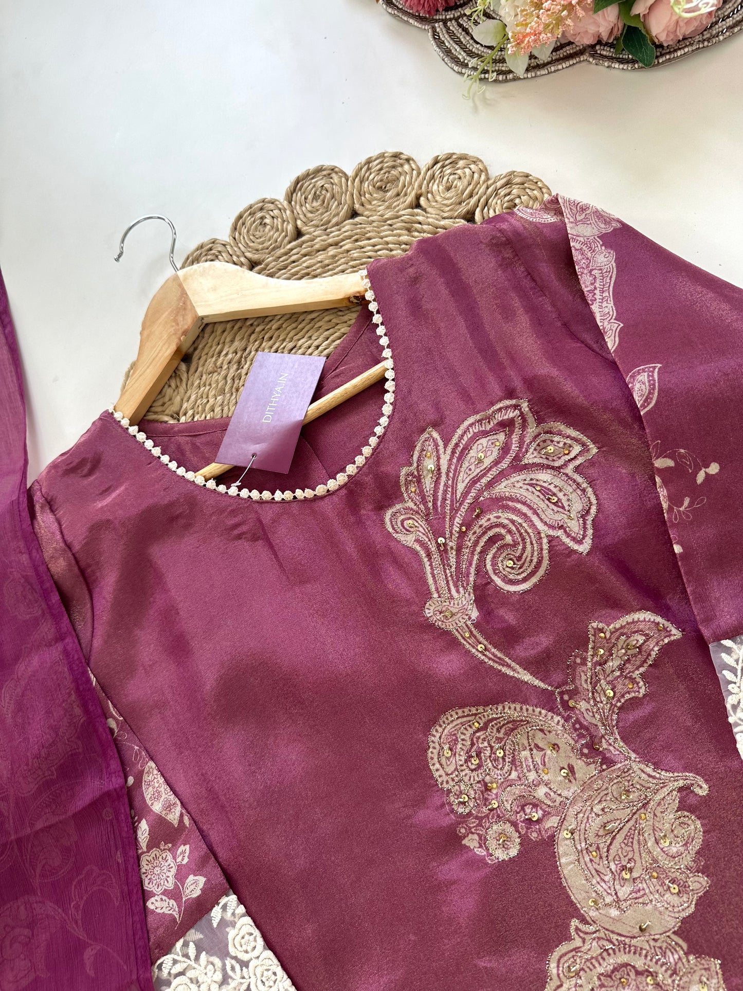 K328 - Tissue silk short kurti with pants and dupatta.