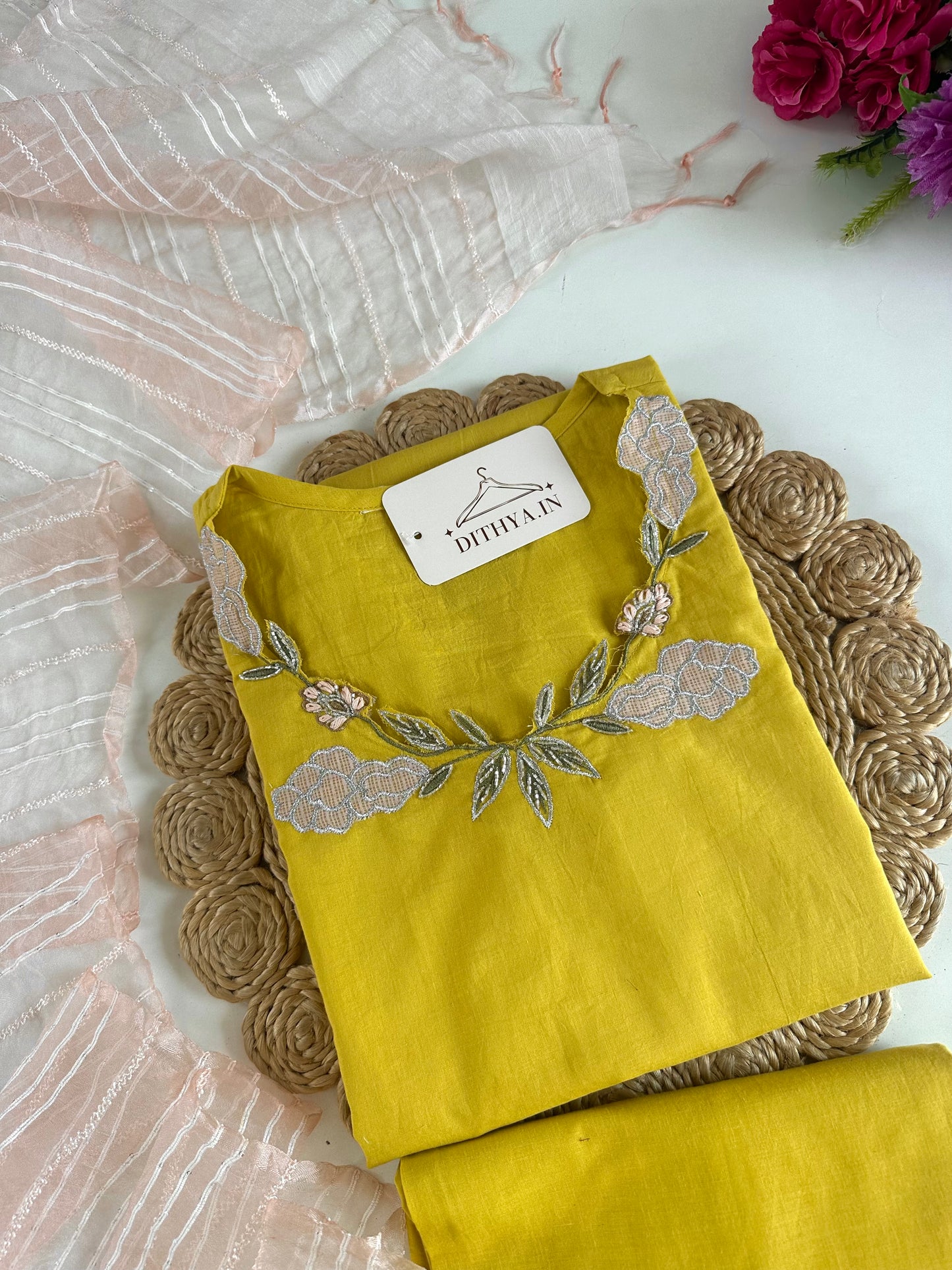 K271 - Mul cotton embroidered straight Kurti with pants and dupatta