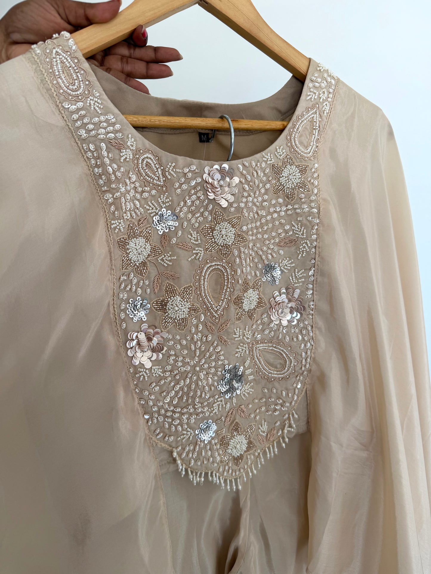 K042 - Pure crape handwork crop top with cape hands and divider pants