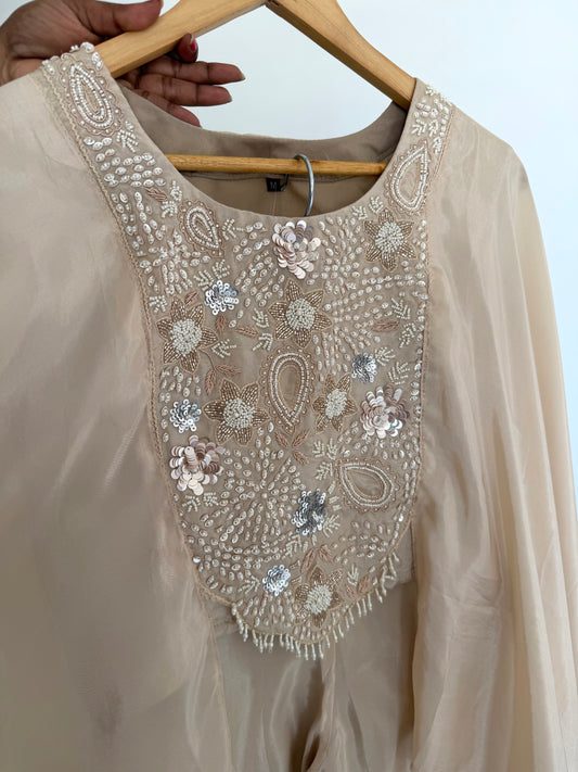 K042 - Pure crape handwork crop top with cape hands and divider pants