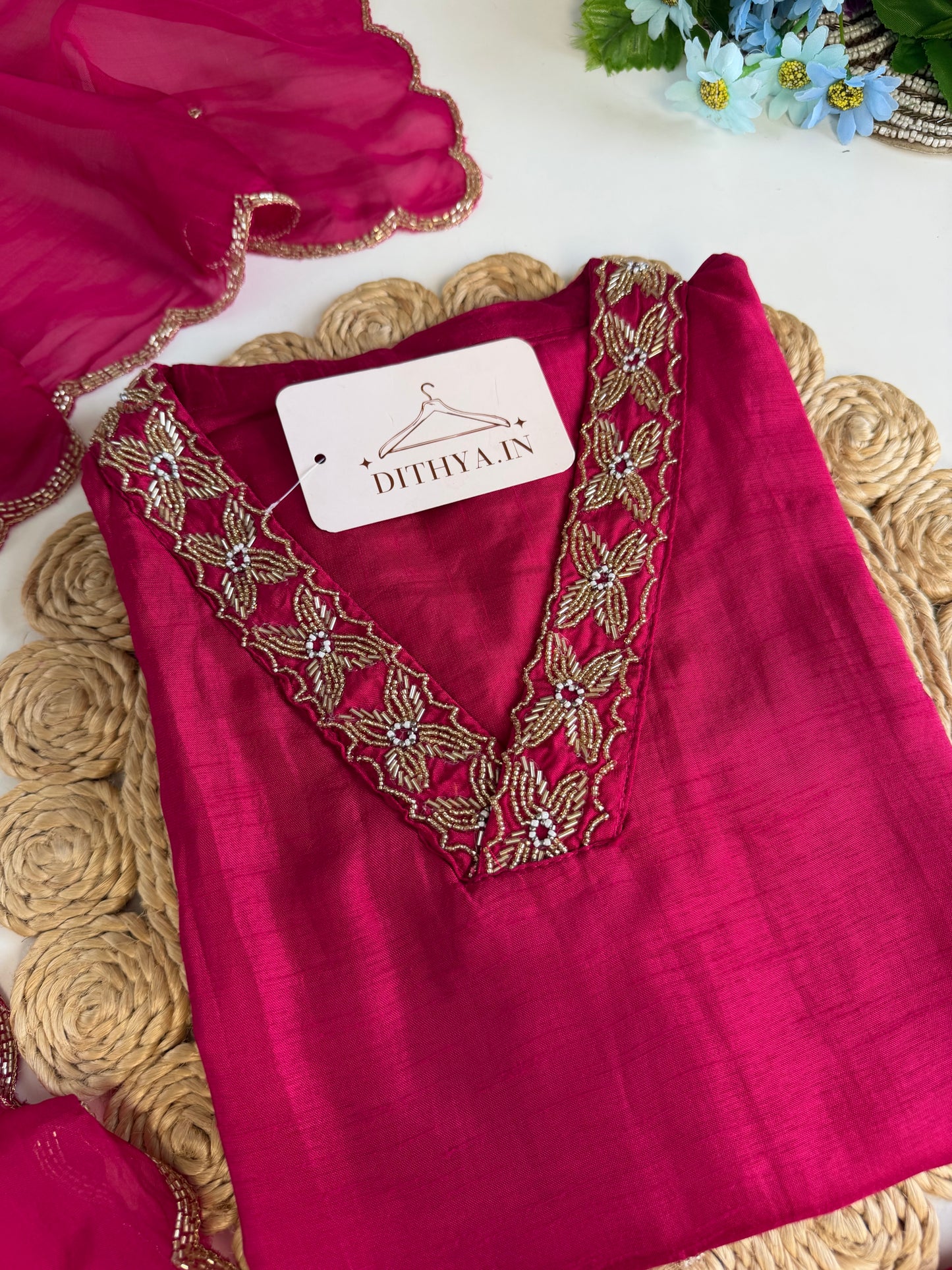 K344 - Russian silk handwork straight Kurti with pants and dupatta