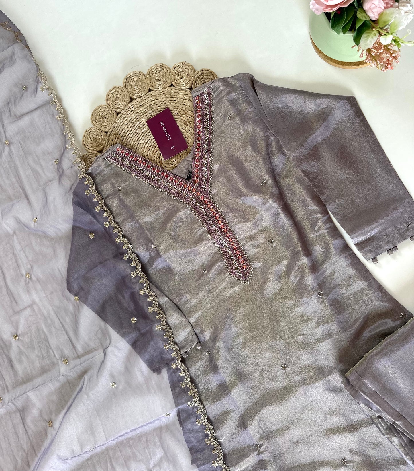 K078 - Shimmer Tissue silk straight kurti with pants and dupatta.