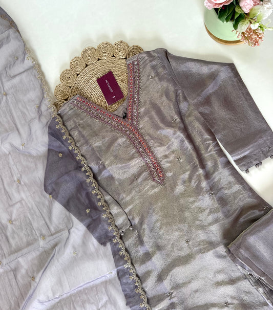 K078 - Shimmer Tissue silk straight kurti with pants and dupatta