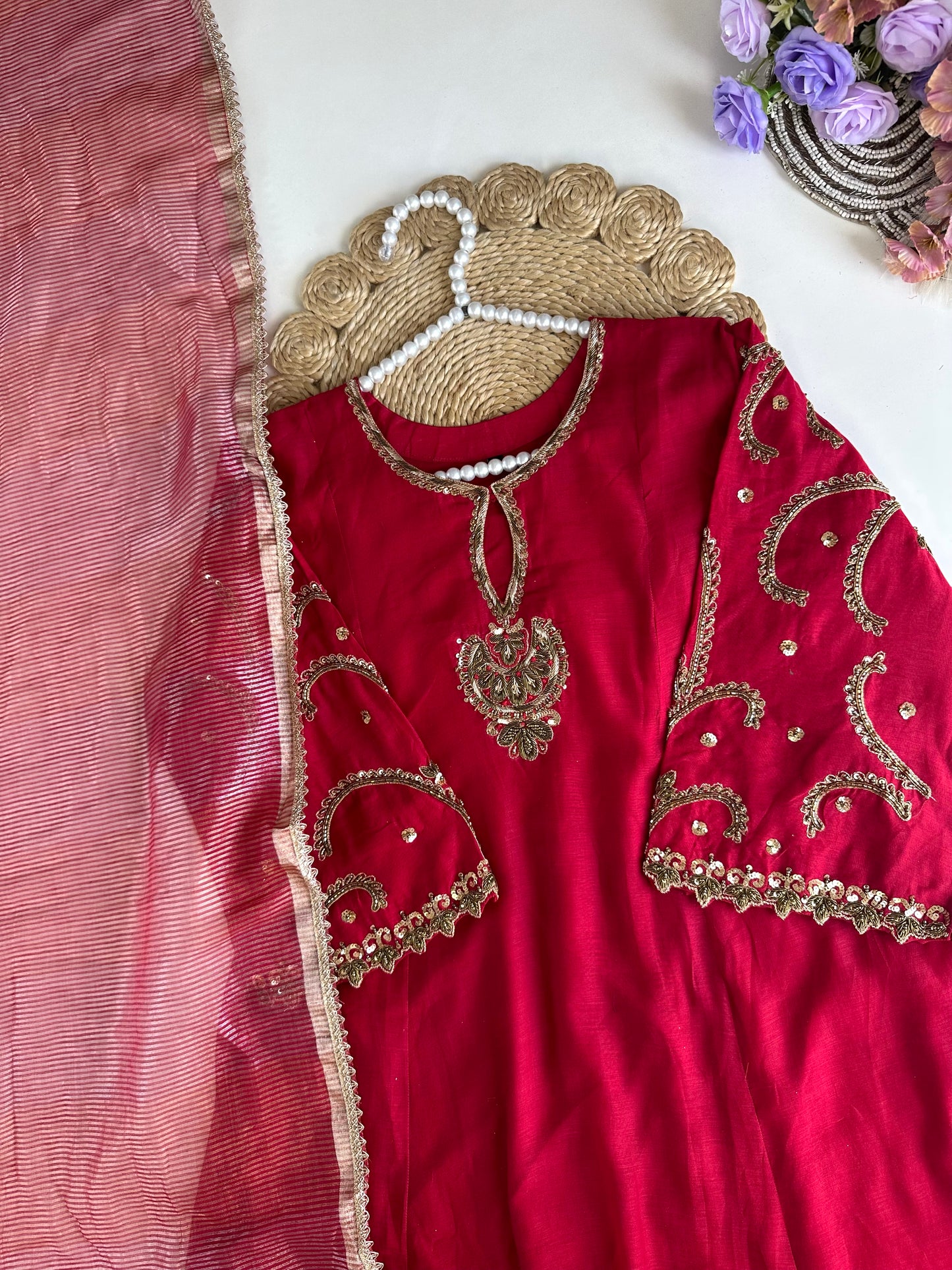 K035 - Mul Chanderi Handwork Aline Kurti with pants and dupatta in 2 colours