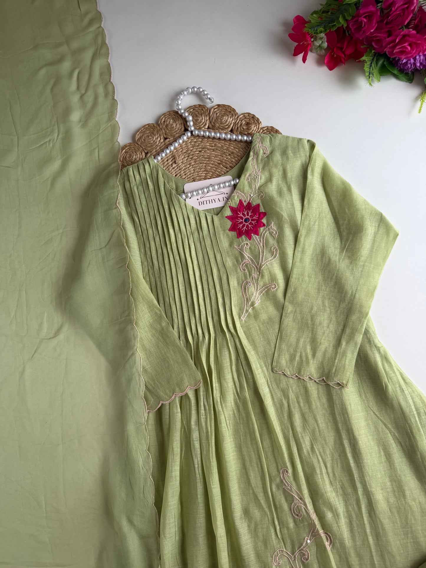 K152 - Mul chanderi appliqué handwork Anarkali with pants and dupatta