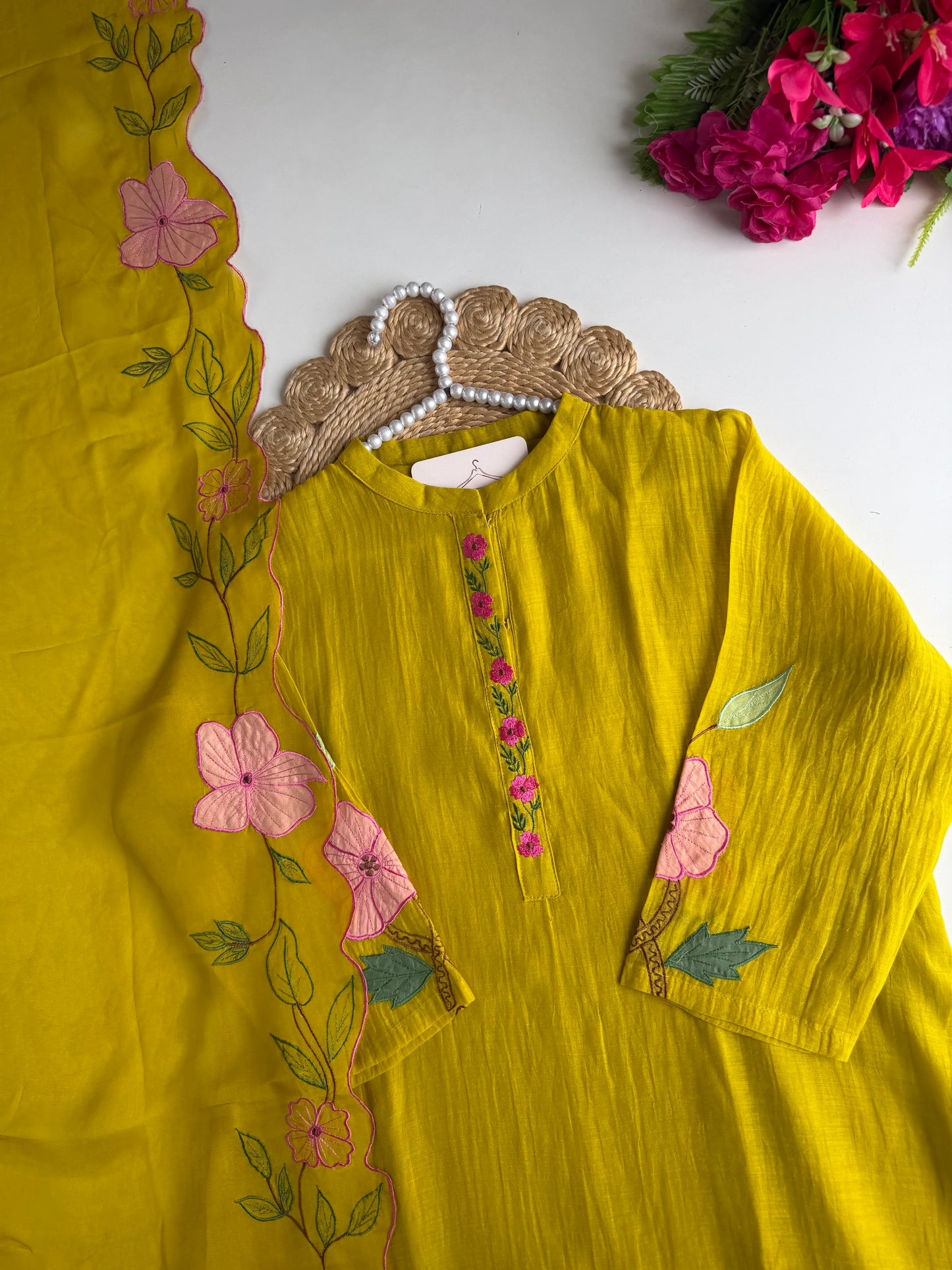 K006 - Mul chanderi appliqué embroidered Aline Kurti with pants and dupatta