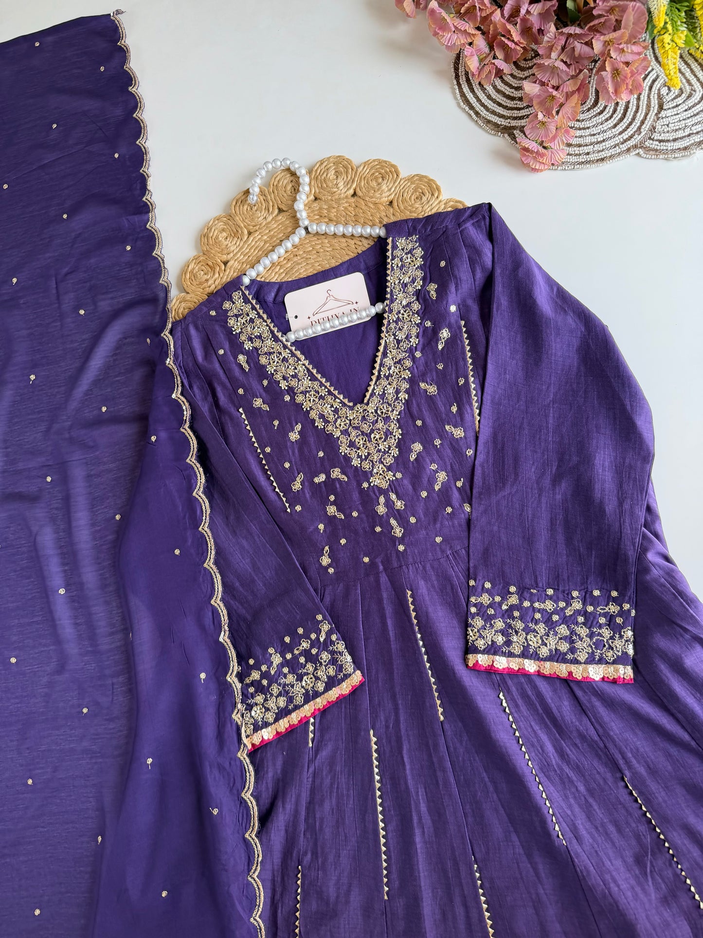 K283 - Mul chanderi embroidered Anarkali with pants and dupatta