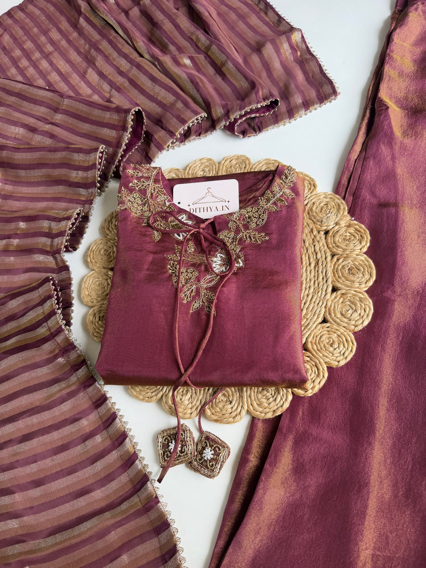 K357 - Shimmer tissue silk handwork short Kurti with divider pants and dupatta