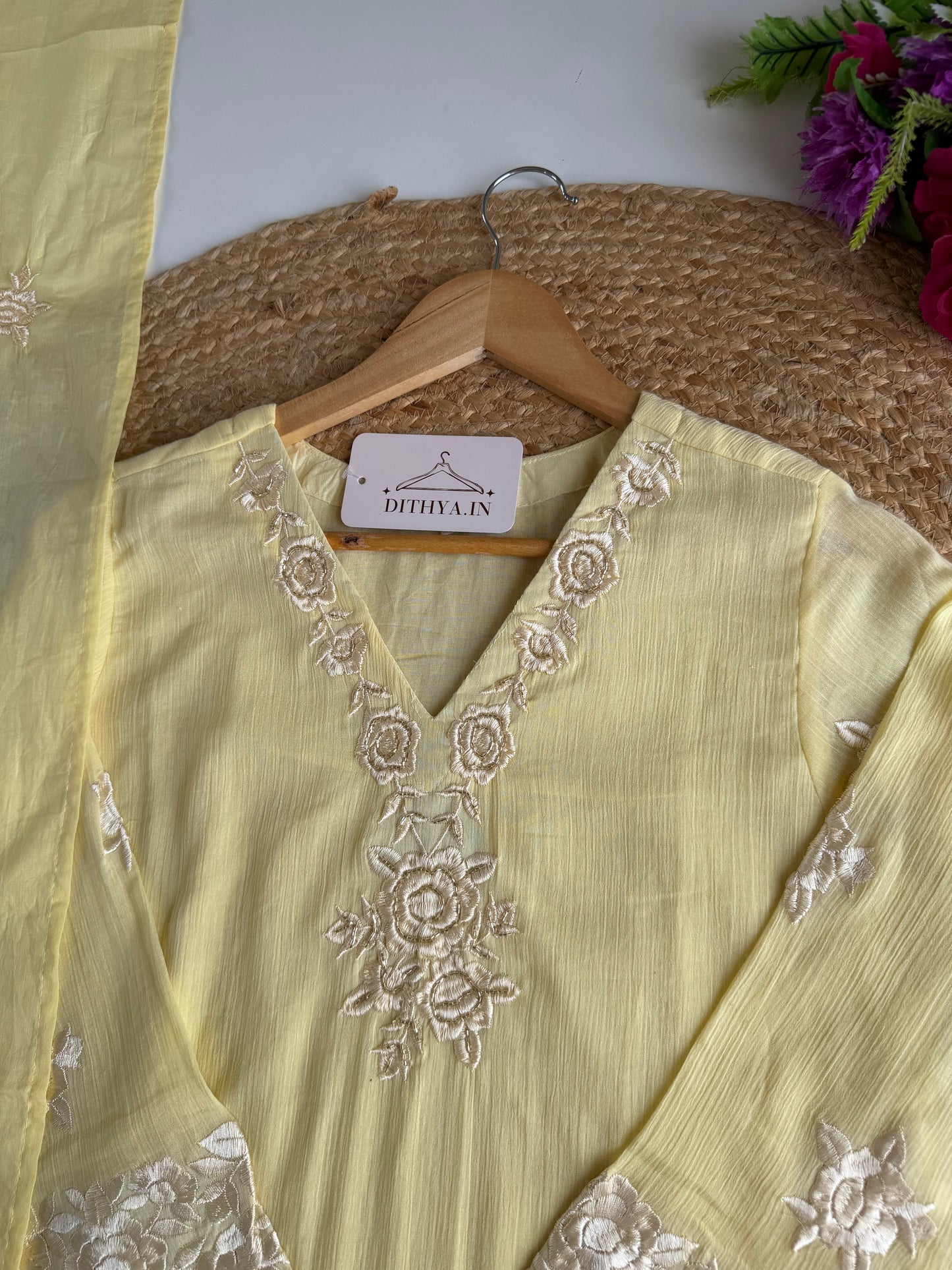 K205 - Crushed mul chanderi embroidered straight Kurti with pants and dupatta
