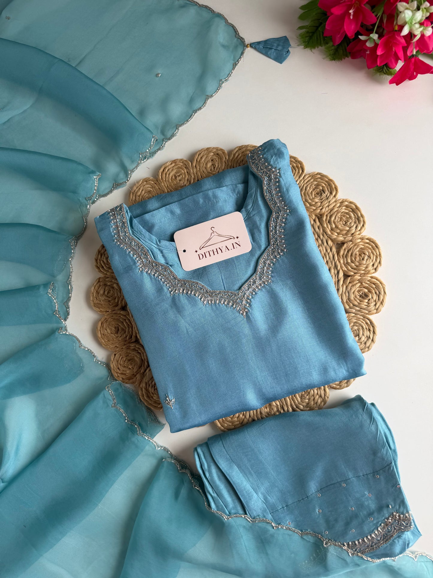 K366 - Russian silk handwork straight Kurti with pants and dupatta