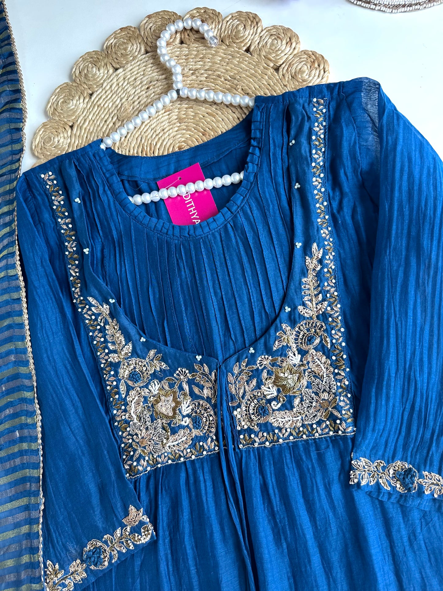 K102 - Mul Chanderi handwork Aline Kurti with pants and dupatta in 2 colours