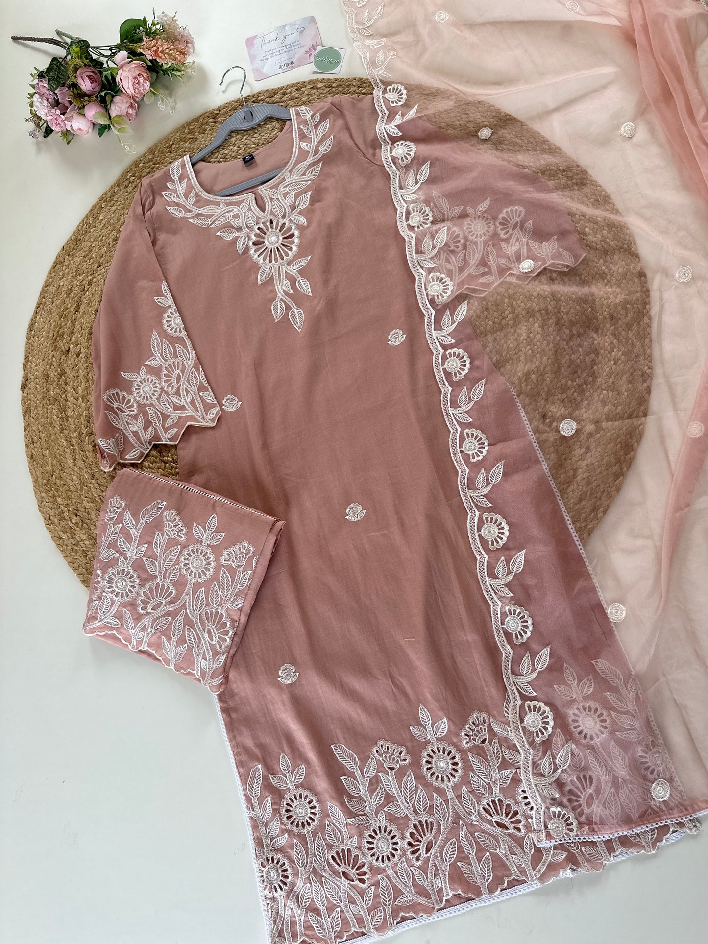 K316 - Mul cotton embroidered kurti With palazzo and organza dupatta .