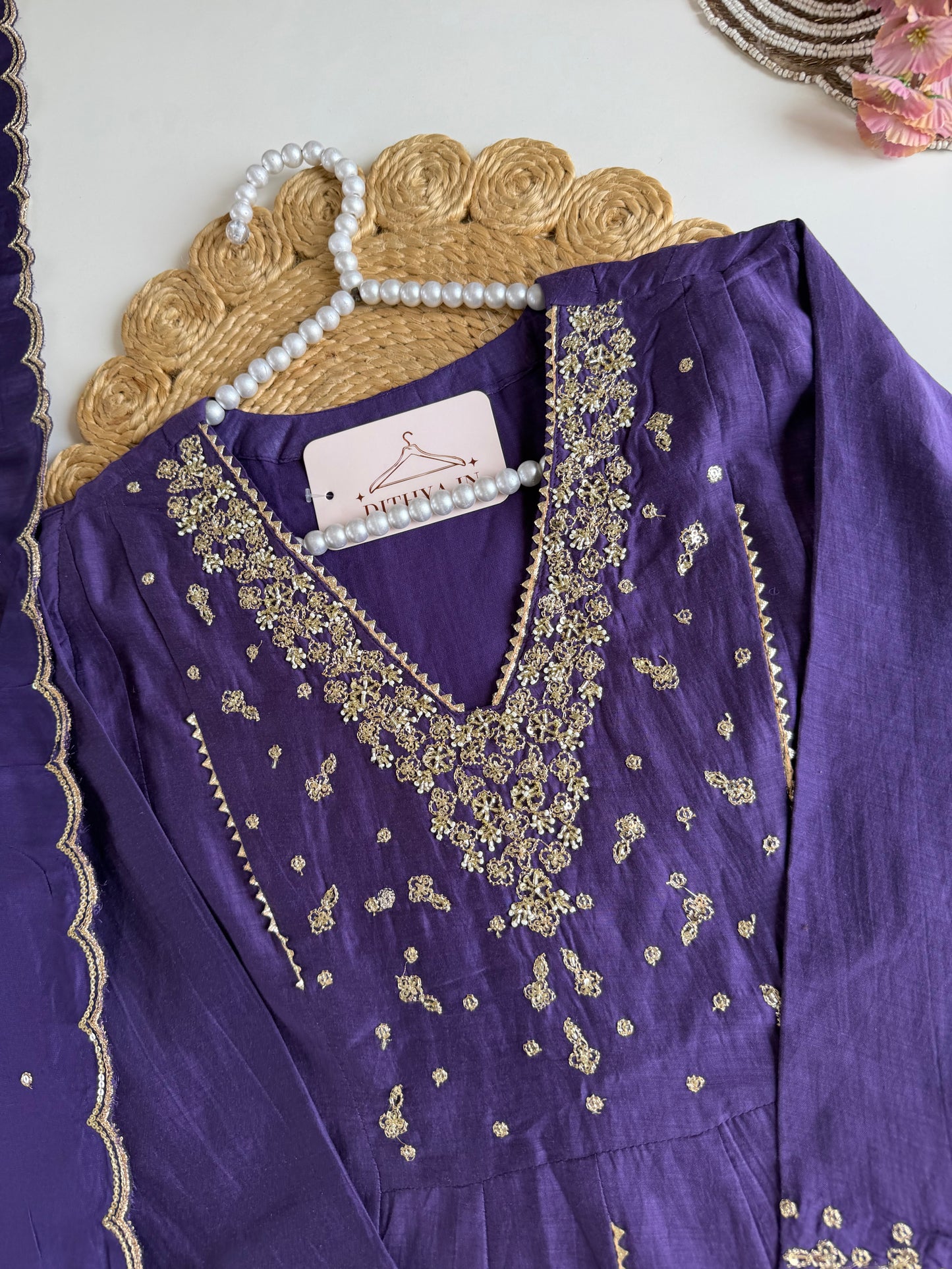 K283 - Mul chanderi embroidered Anarkali with pants and dupatta