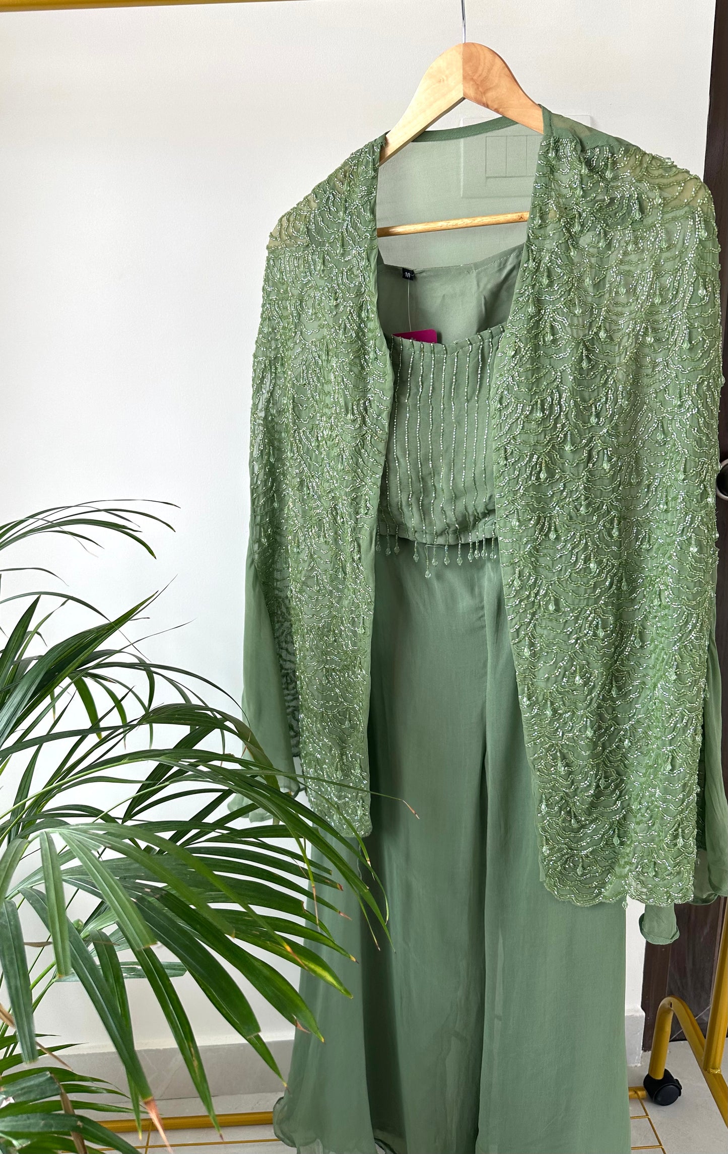 K267 - Viscose organza cutdhana crop top ,cape and palazzo