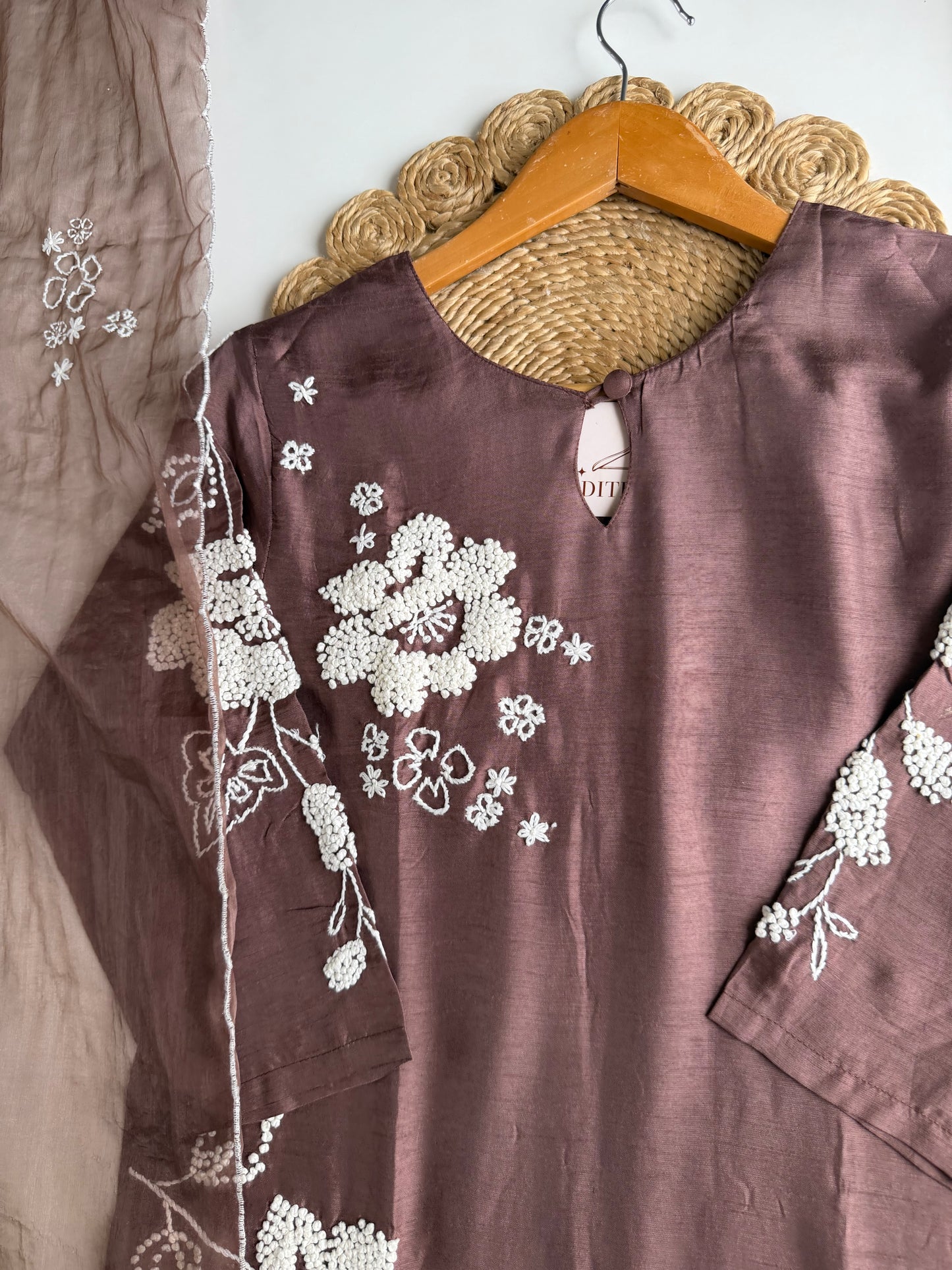 K634 - Russian silk embroidered straight Kurti with pants and dupatta