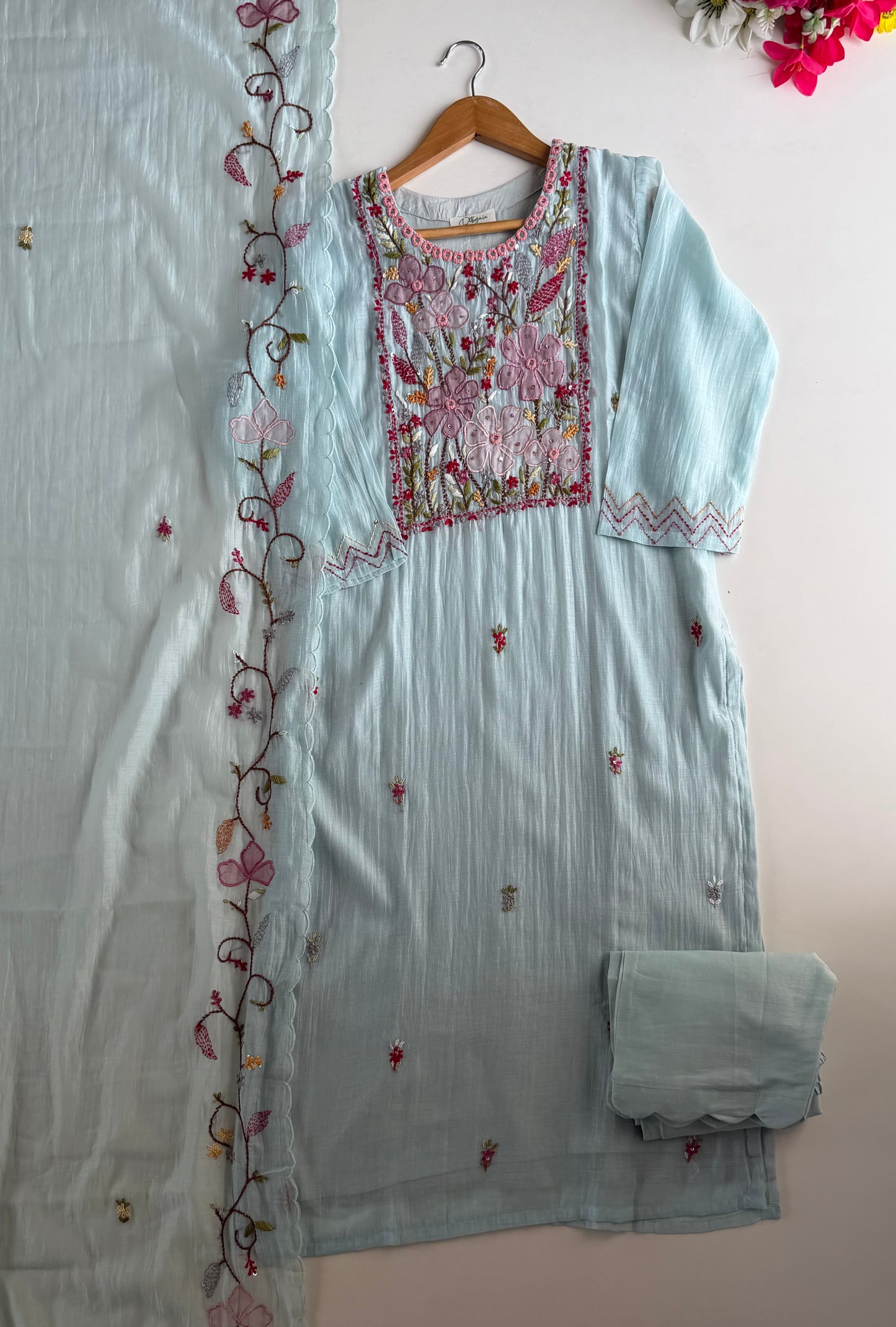 K464 - Mul chanderi embroidered straight Kurti with pants and dupatta