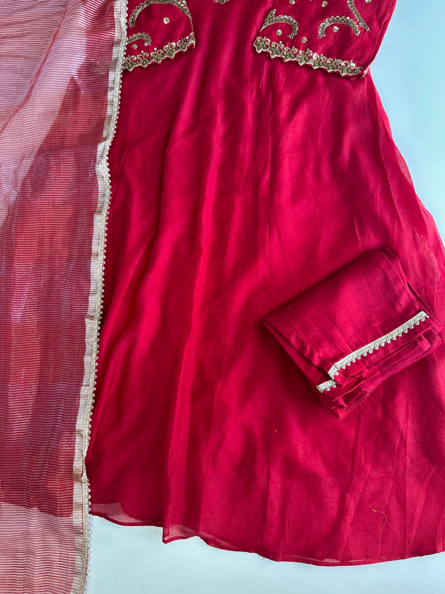 K035 - Mul Chanderi Handwork Aline Kurti with pants and dupatta in 2 colours