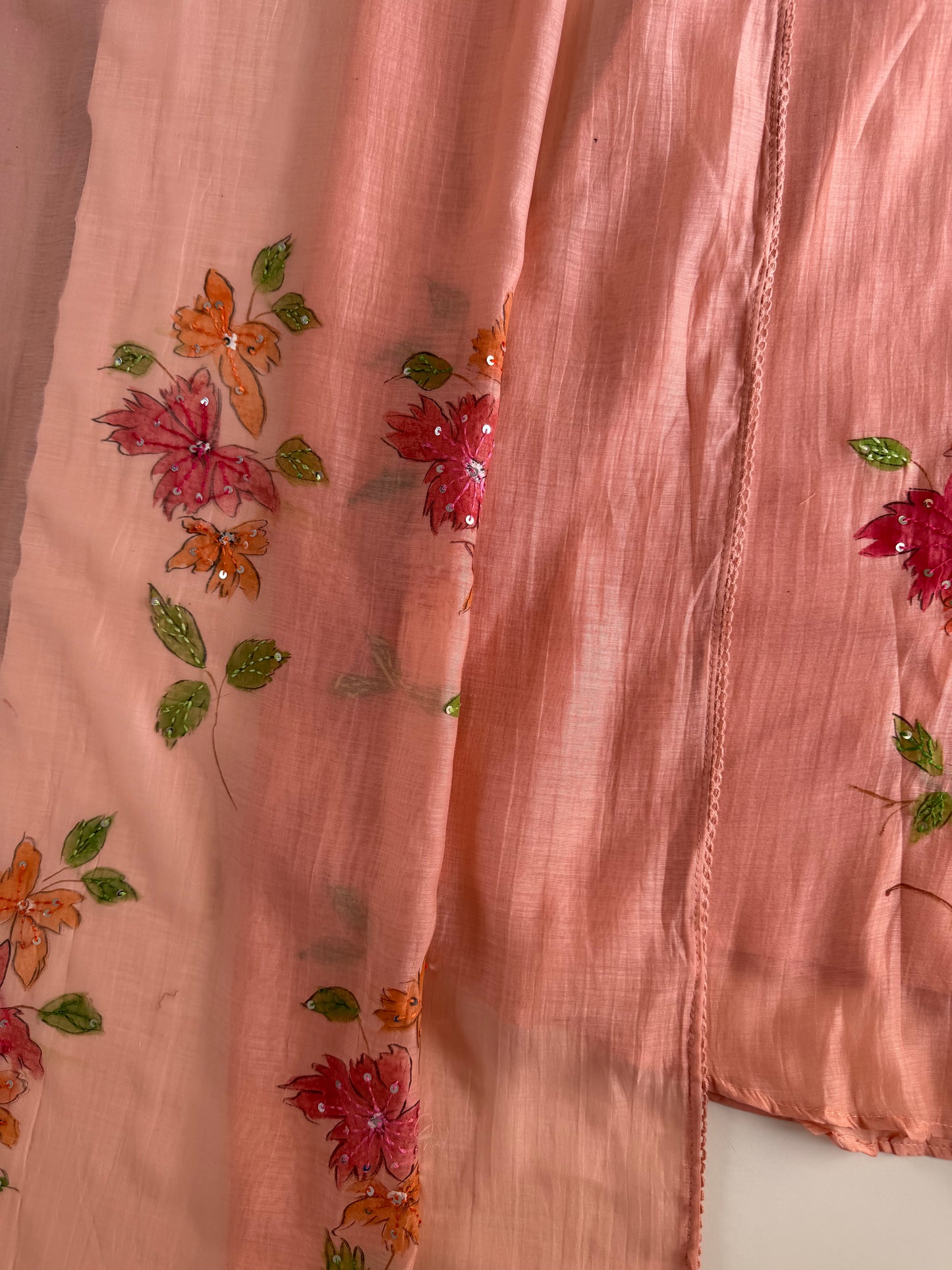 K355 - Mul Chanderi hand painted embroidered Aline Kurti with pants and dupatta in 3 colours