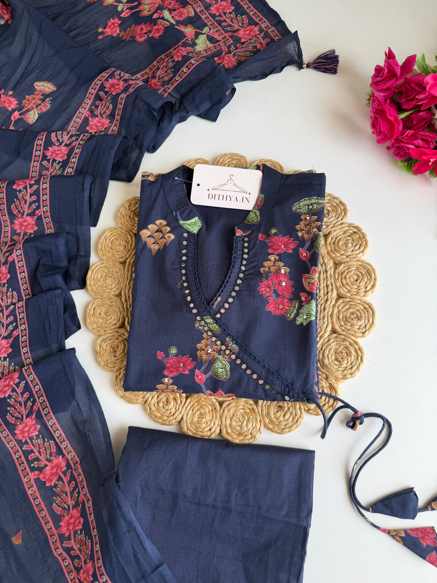 K730 - Mul cotton floral angrakha straight Kurti with pants and dupatta
