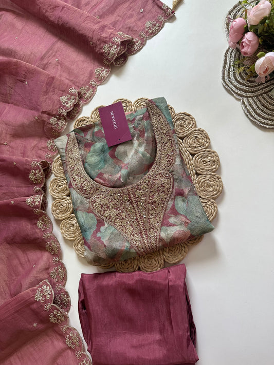 K072 - Tissue silk floral printed straight kurti with pants and dupatta.