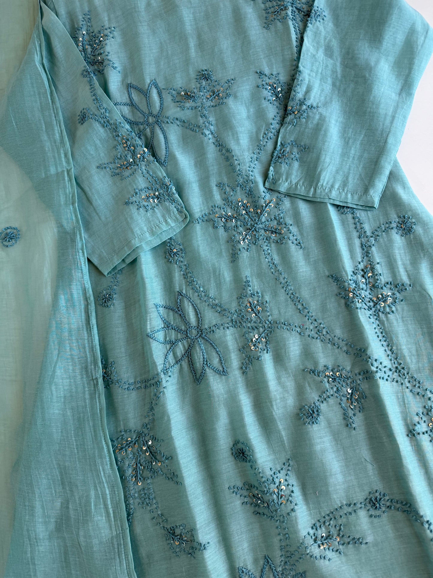 K056 - Mul chanderi French knot embroidered Aline Kurti with pants and dupatta in 2 colours