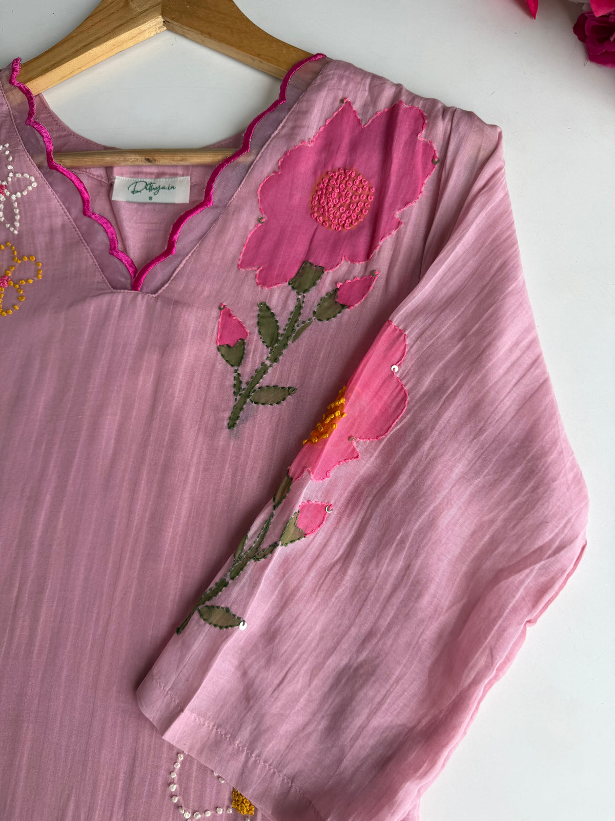 K262 - Mul chanderi hand painted embroidered Aline Kurti with pants and dupatta
