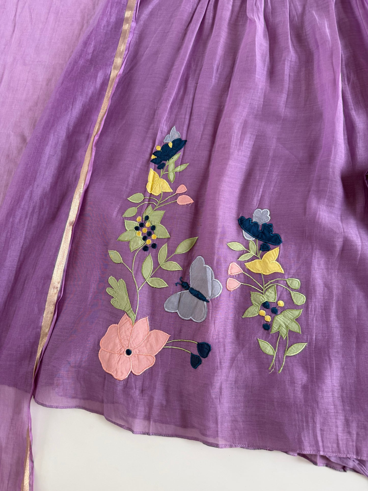 K616 - Mul chanderi appliqué work aline Kurti with pants and dupatta