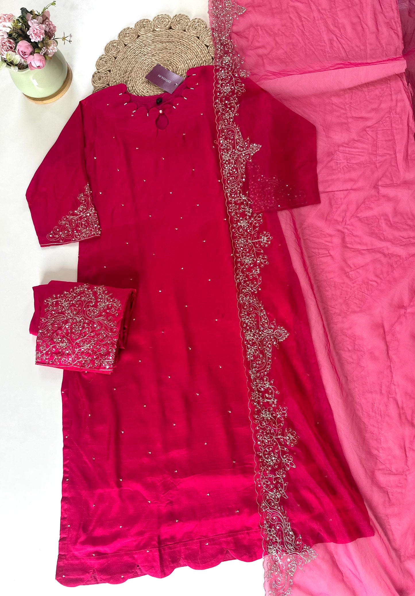 K297 - Russian silk Zari work Straight kurti with pants and dupatta.