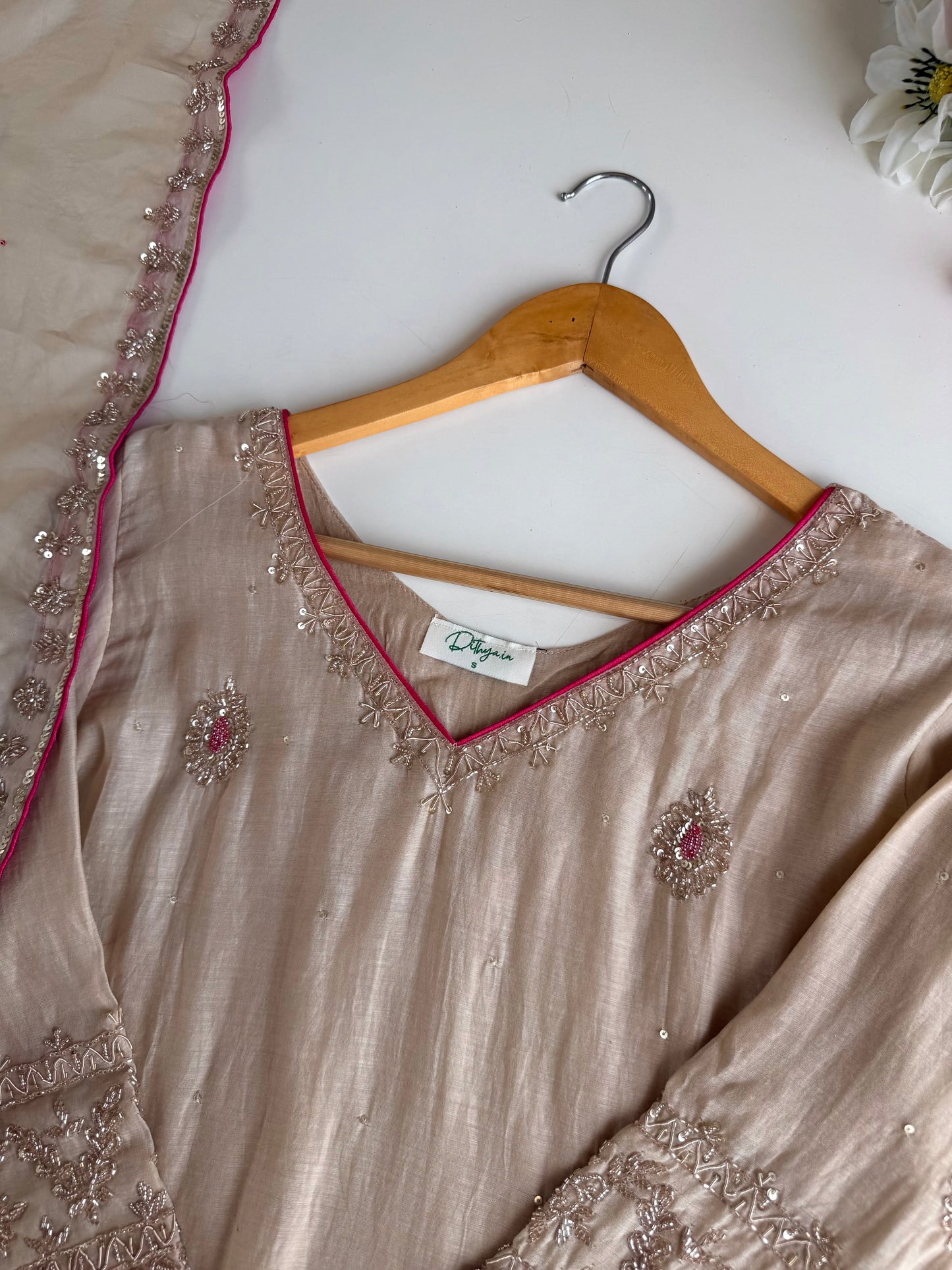 K281 - Mul chanderi handwork straight Kurti with pants and dupatta