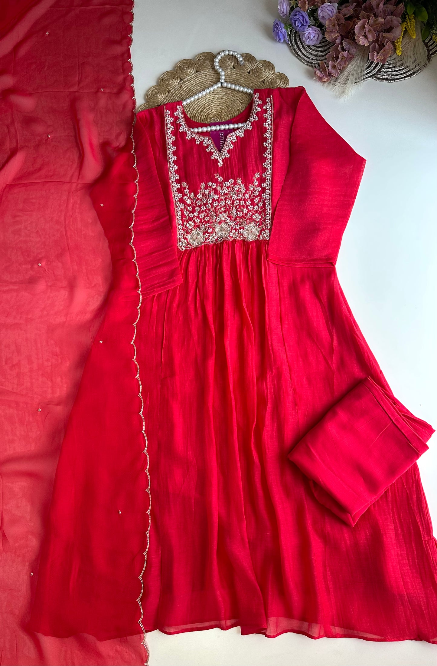 K138 - Mul chanderi Anarkali with pants and dupatta