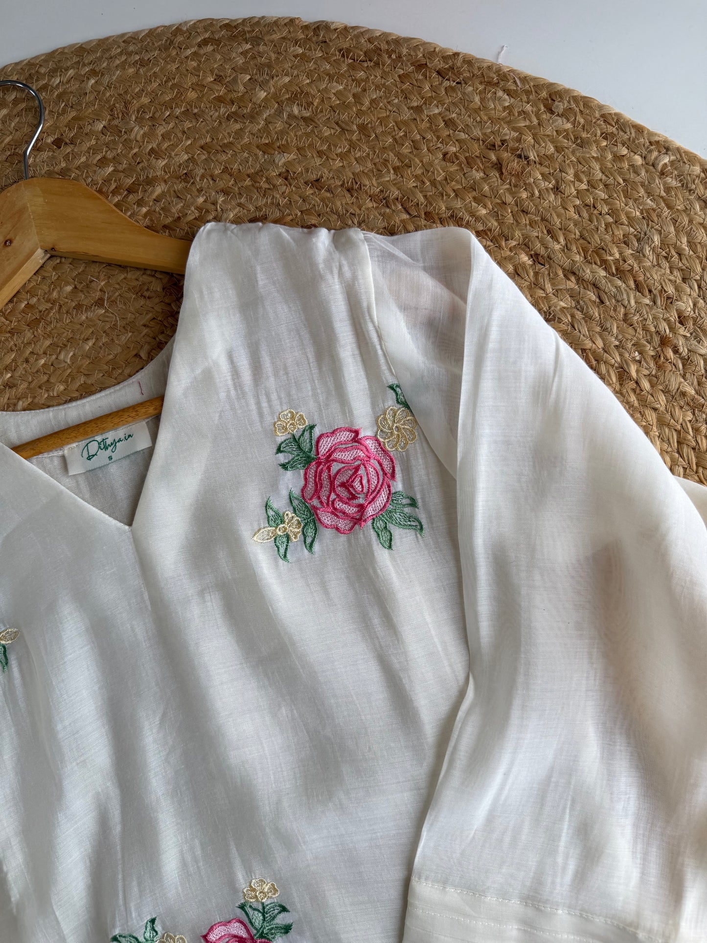 K429 - Surat Mul chanderi embroidered Aline Kurti with pants and dupatta