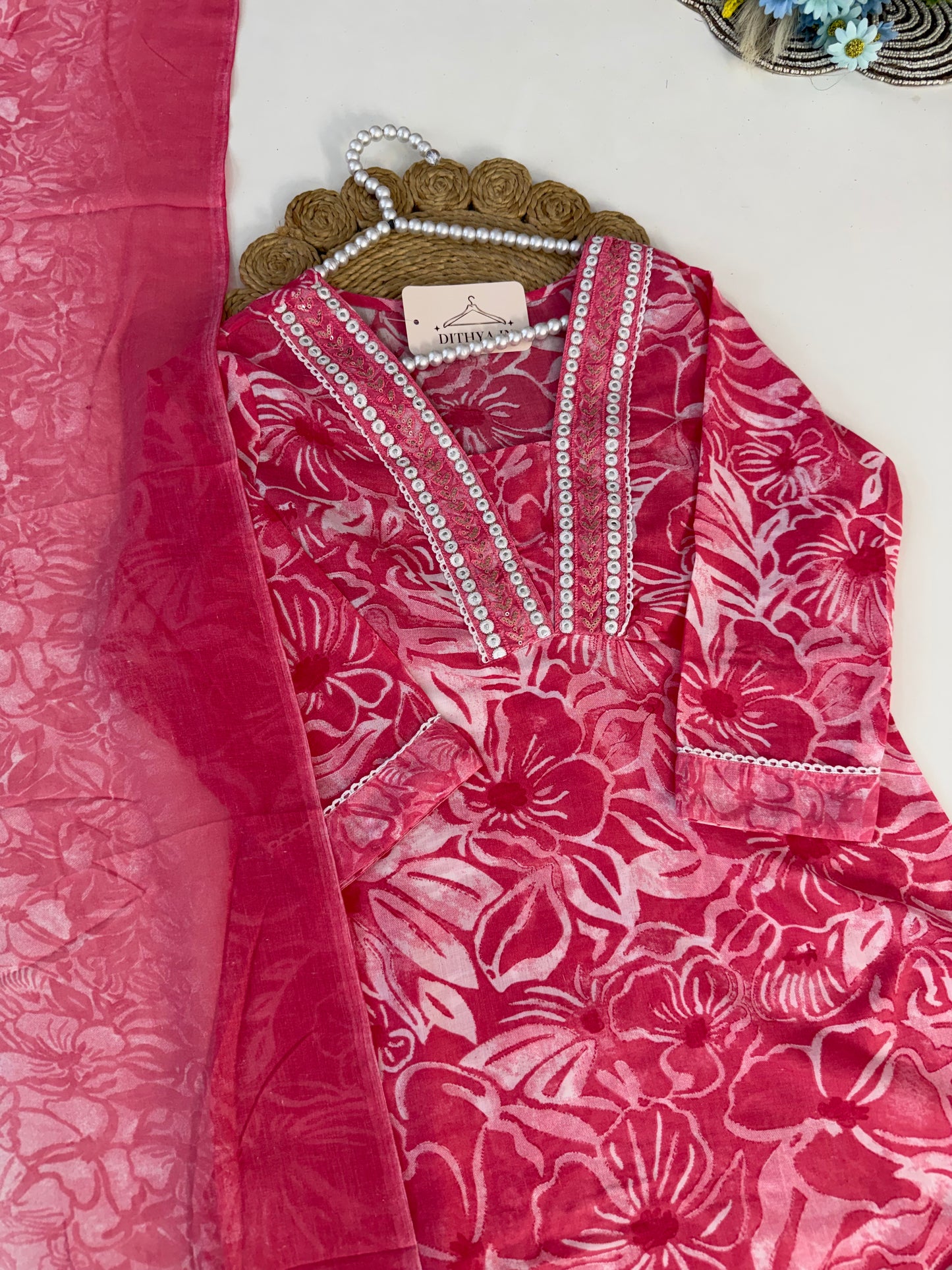 K341 - Cotton embroidered straight Kurti with pants and dupatta