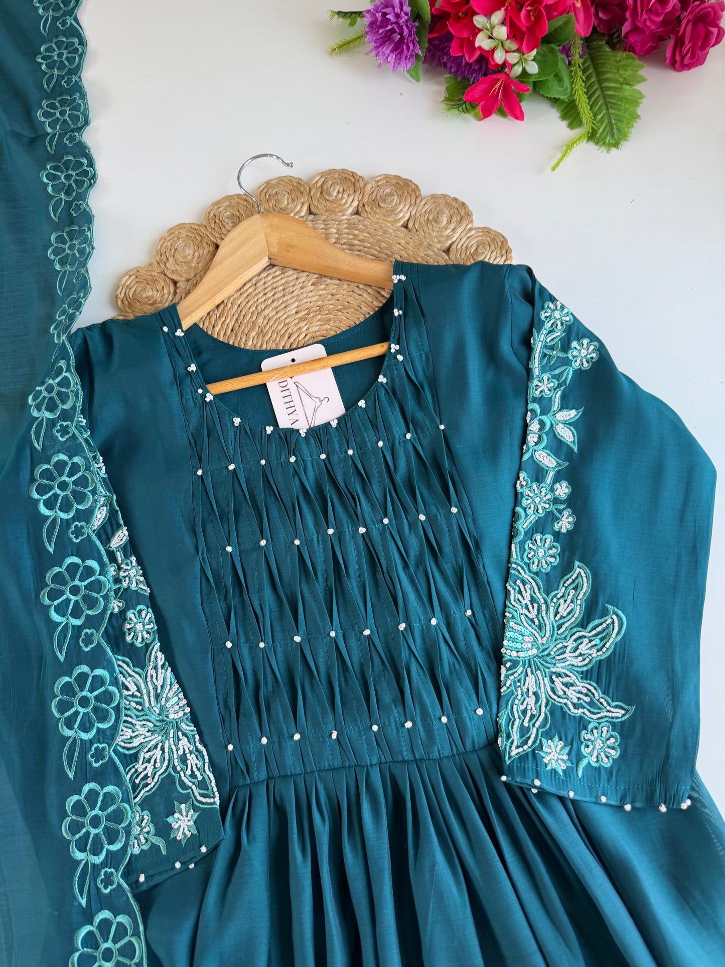 K040 - Surat Mul chanderi embroidered Anarkali with pants and dupatta in 2 colours