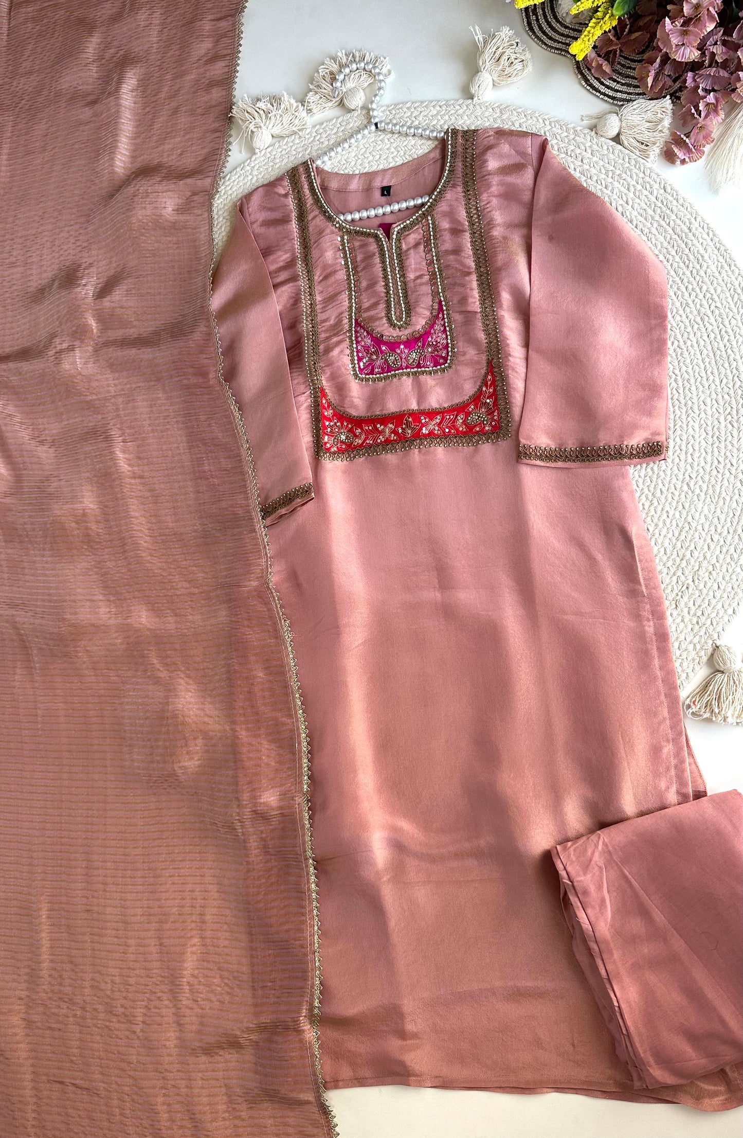 K421 - Tissue silk handwork straight Kurti with pants and dupatta in 2 colours