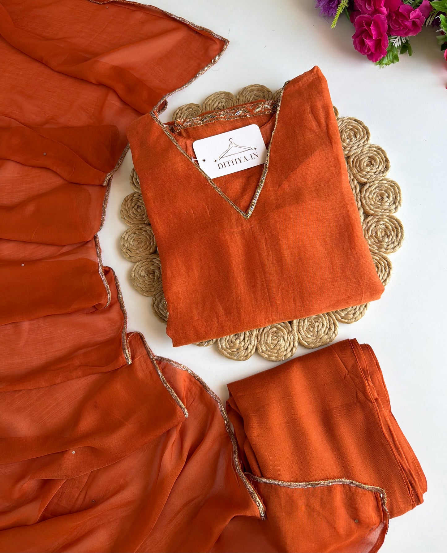 K260 - Mul chanderi handwork Aline Kurti with pants and dupatta