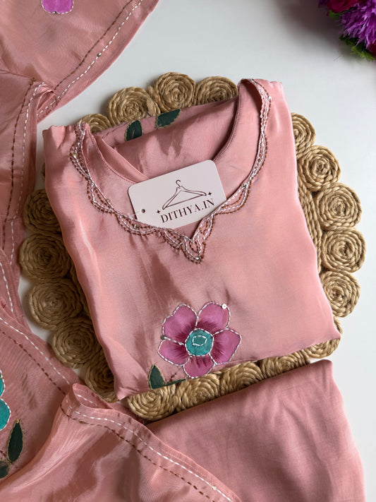 K120 - Pure crape hand painted embroidered Aline Kurti with pants and dupatta
