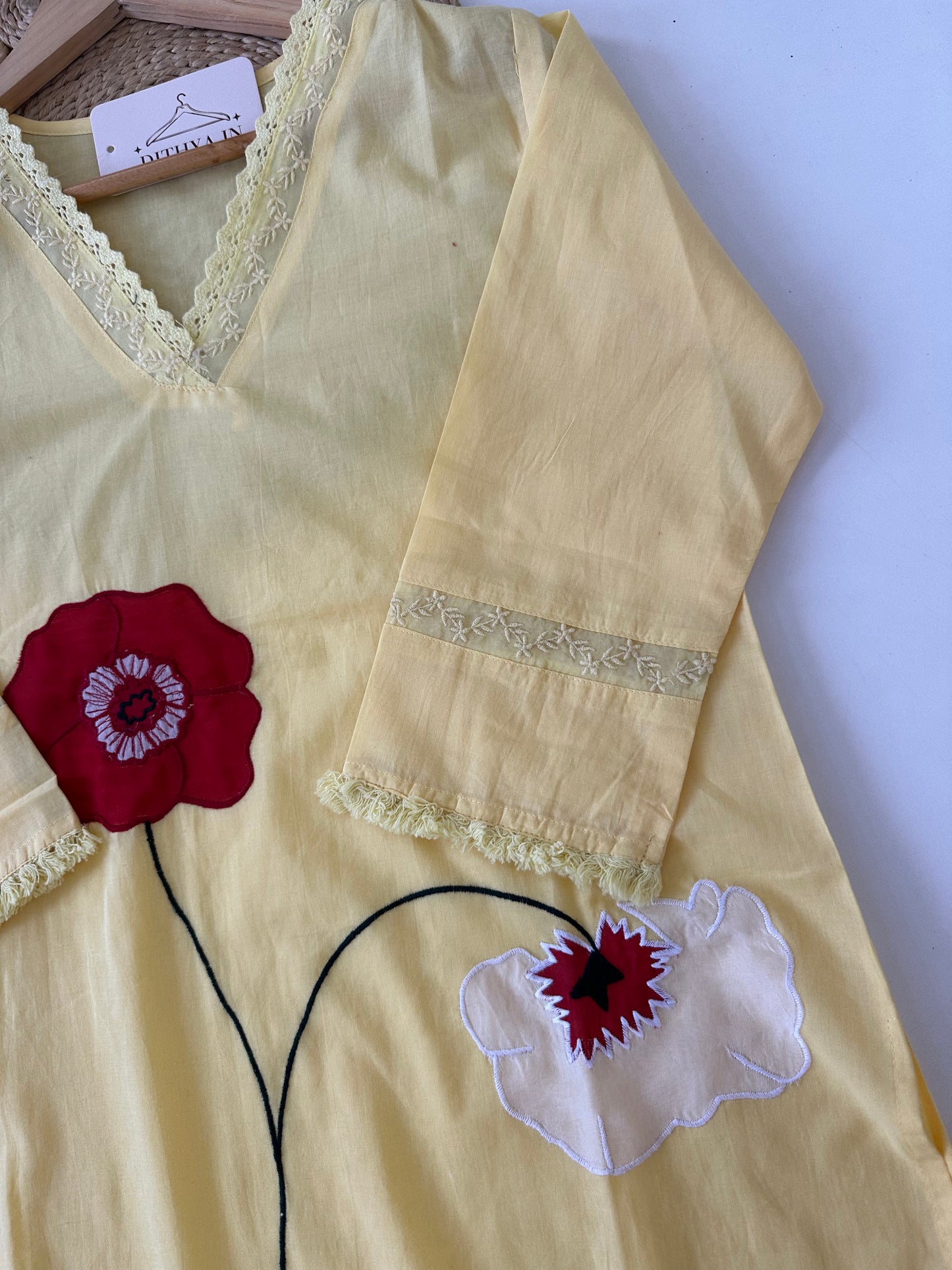 K218 - Mul cotton embroidered straight Kurti with pants and dupatta