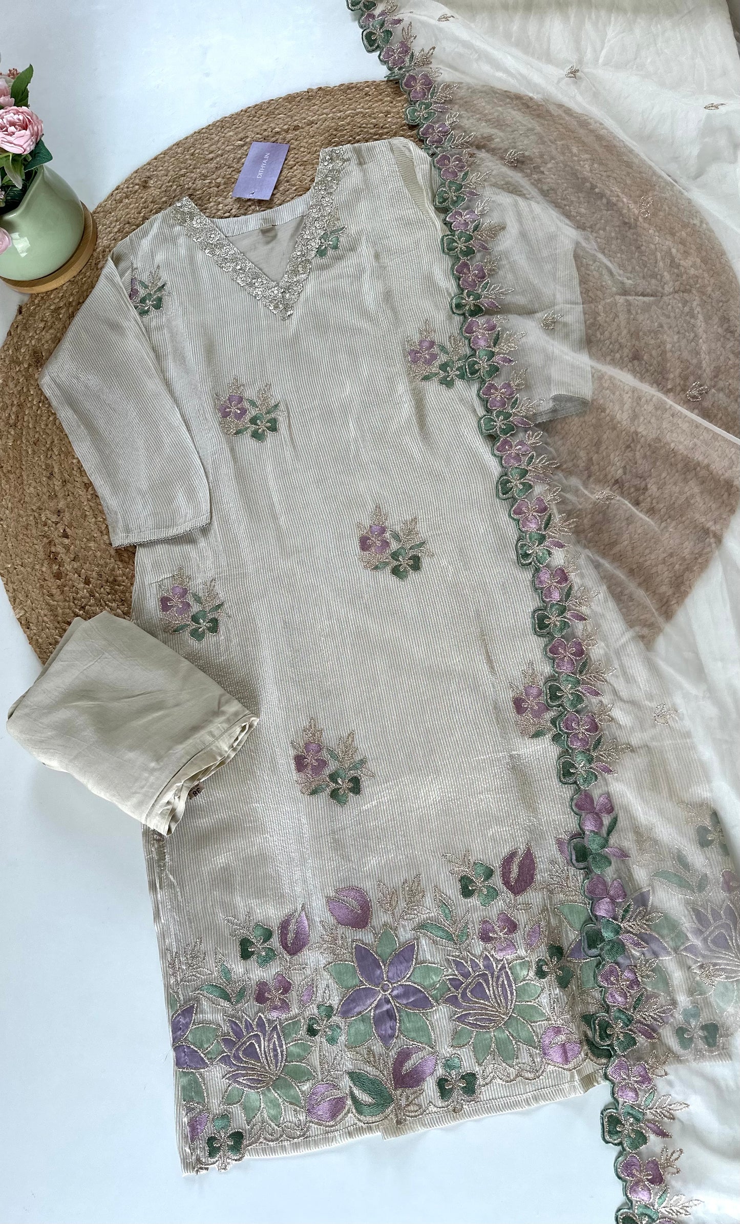 K341 - Shimmer Tissue silk V neck straight kurti with pants and organza dupatta.