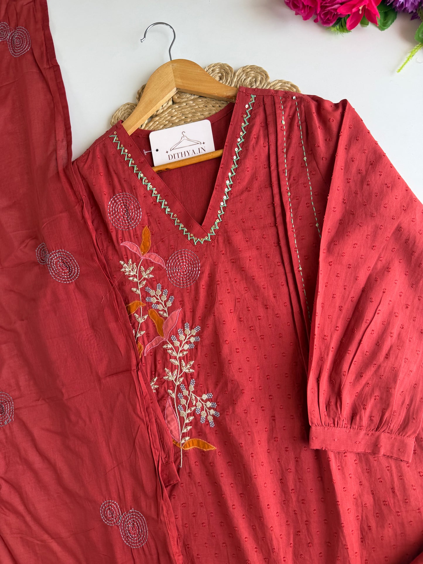 K721 - Mul cotton embroidered Aline   Kurti with pants and dupatta